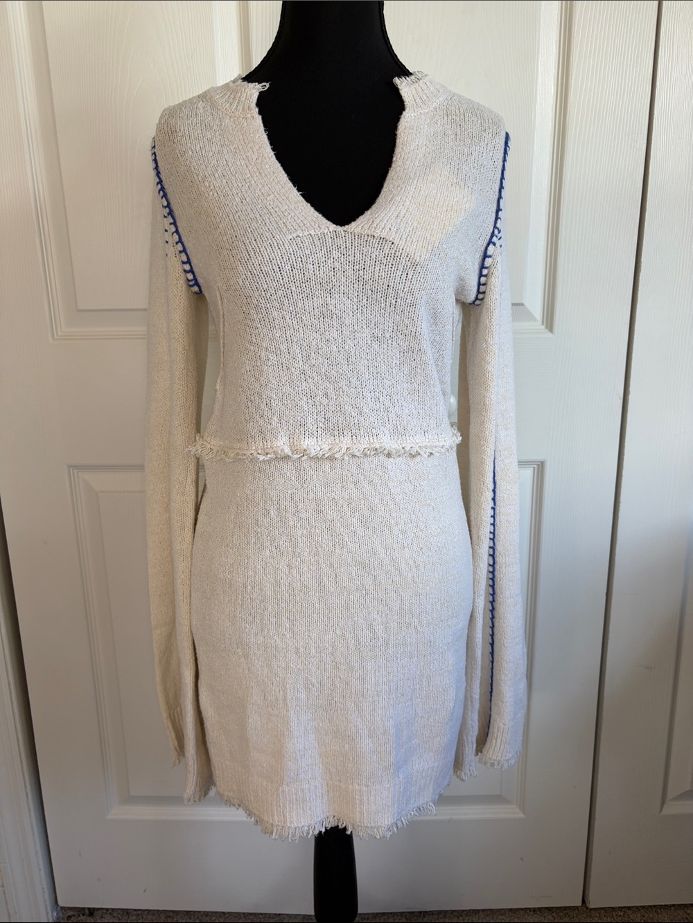 Zadig Voltaire Hiko Sweater Dress Ecru Cream Blue Cotton Silk Fringe XS NWT Boho